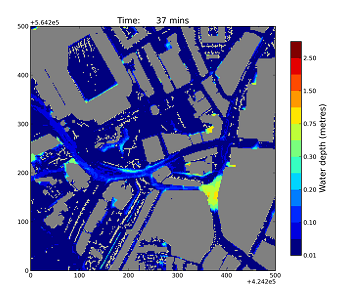 This image shows an output from the CityCAT flood inundation model to demonstrate the model visualisation capabilities. It shows that when a heavy rainfall event is simulated, water preferentially pools on some of the roads in the simulated area (part of the urban core in Newcastle). The greatest water depth occurs at a junction next to a roundabout, and reaches 0.5-0.75 m over a 37 minute simulation. Water depth along the other roads is typically less than 0.1 m. The model does not simulate the direct flooding of buildings.