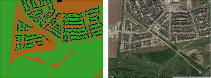 Newcastle Great Park Development with SUDS. Land cover derived from OS Topography Layer (left hand panel) and Google Map image of the area (right hand panel).