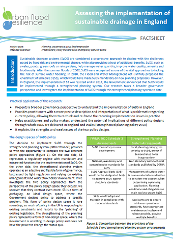 Implementation of SuDS in England factsheet (first page)